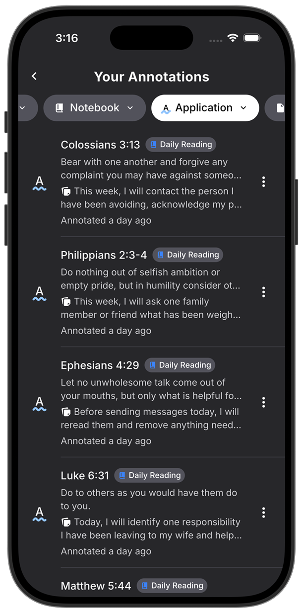 An application note on Colossians 3:13 and annotations filtered by the Application style in Lux