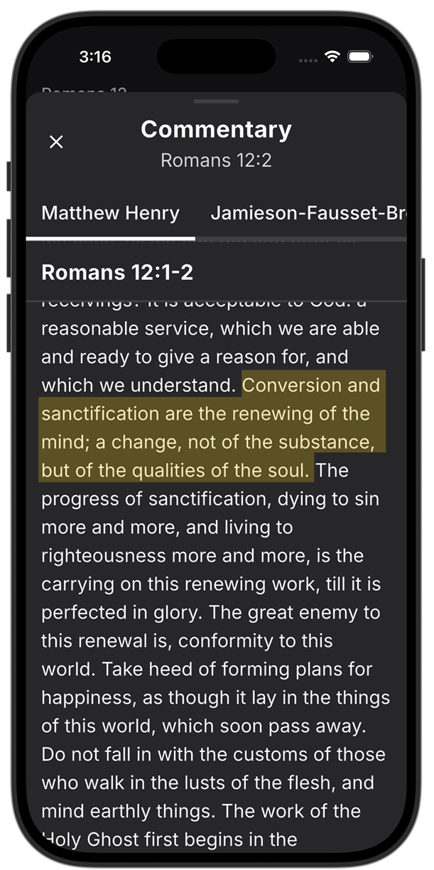 Matthew Henry's commentary on Romans 12:2 and a note summarizing the analysis in Lux