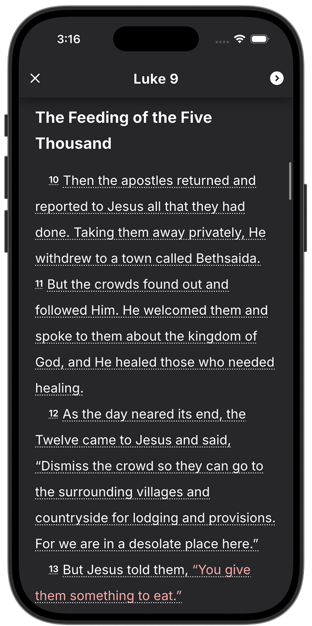 Cross-references for Matthew 14:13 and the parallel account in Luke 9 in Lux