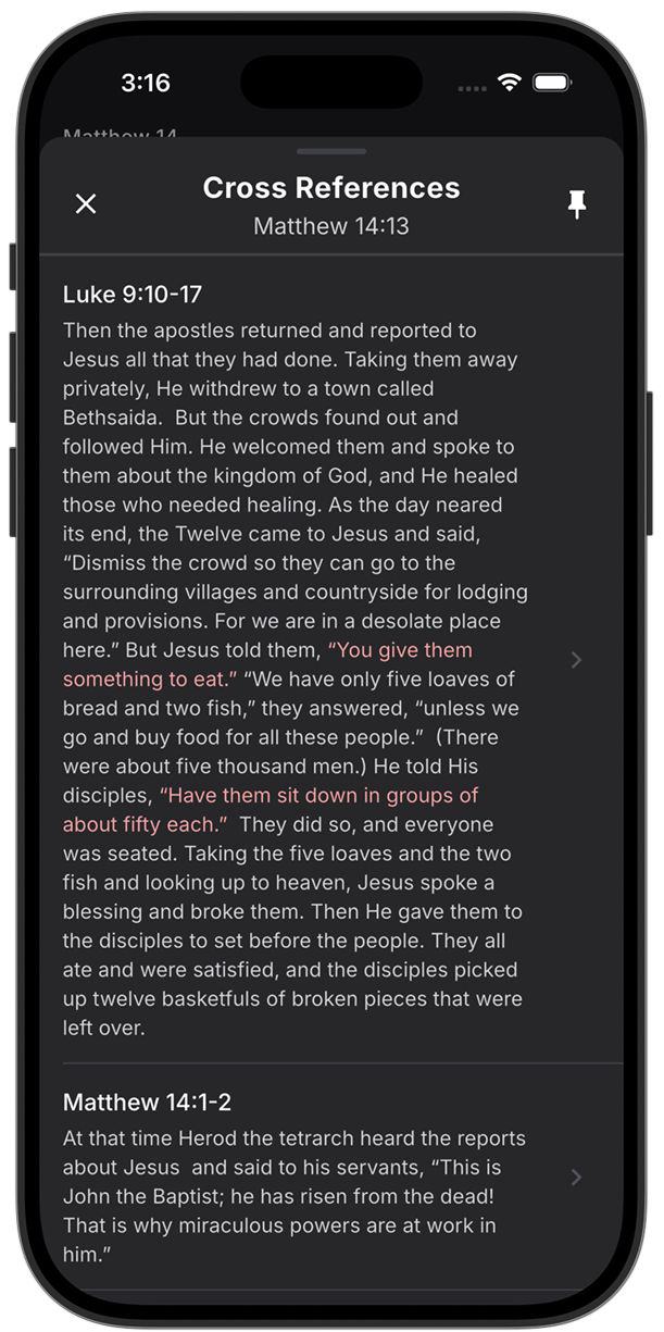 Cross-references for Matthew 14:13 and the parallel account in Luke 9 in Lux