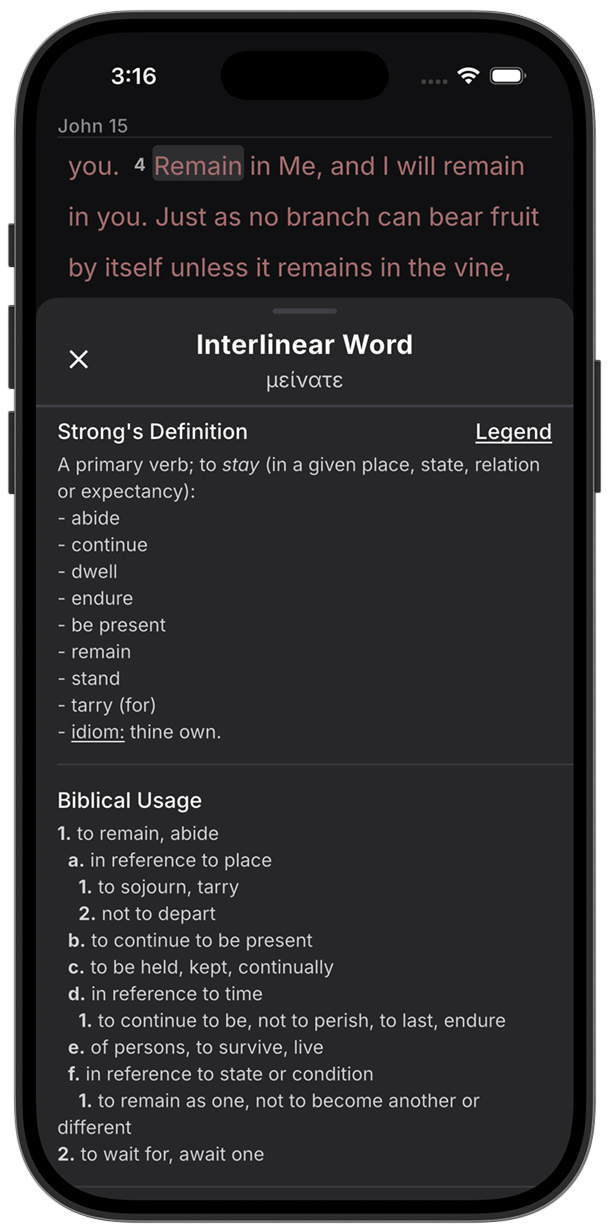 The interlinear entry for remain in John 15:4 and a Word Study note in Lux
