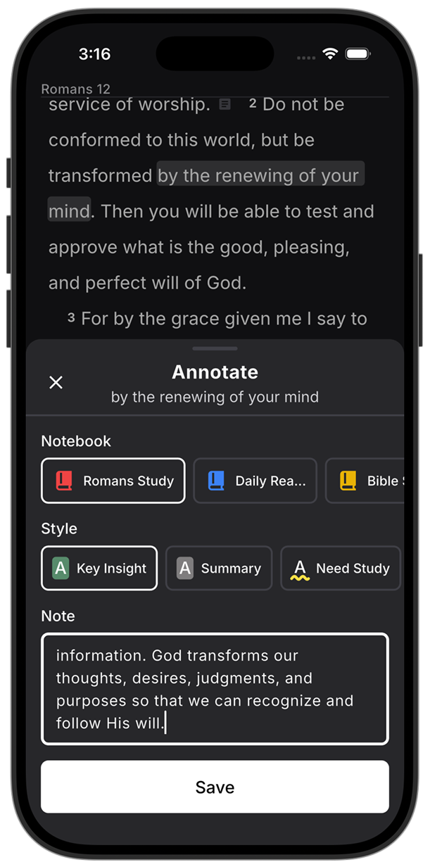 A Key Insight note on Romans 12:2 and annotations filtered by the Key Insight style in Lux