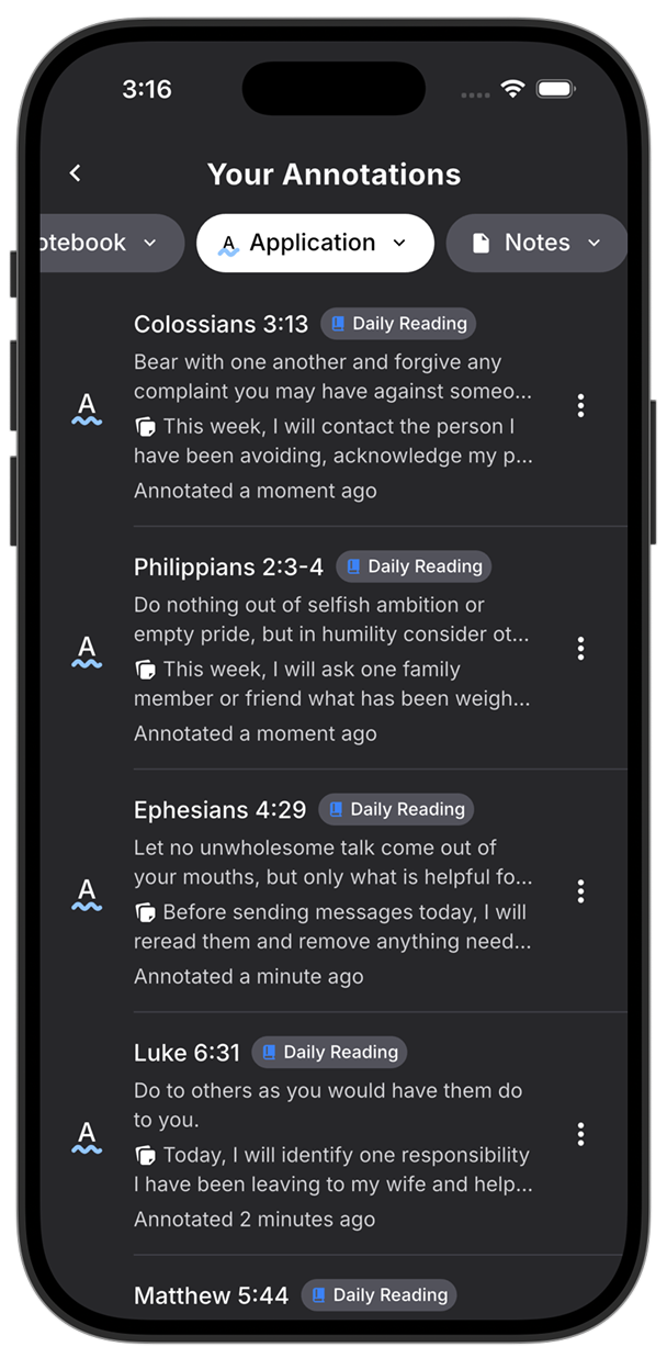 An application note and a list of previous application notes in Lux Bible