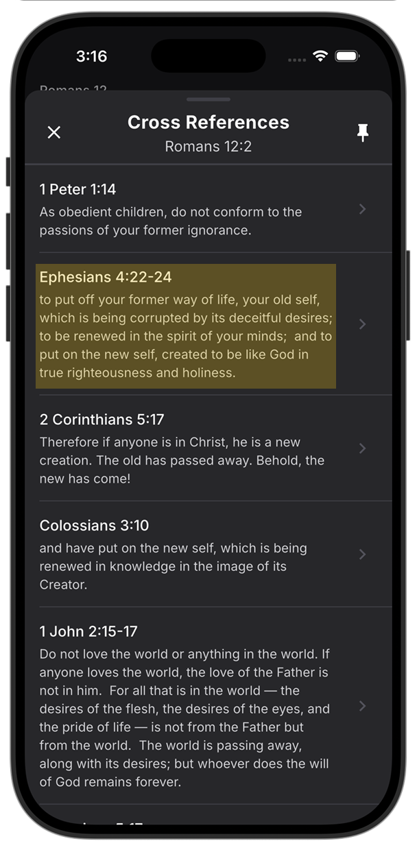Romans 12:2 cross-references and an expanded Ephesians 4:22-24 preview in Lux Bible