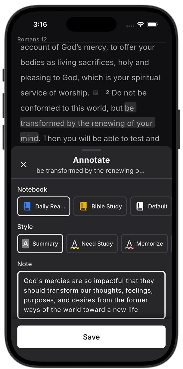 A summary note attached to a selected phrase in Romans 12:2